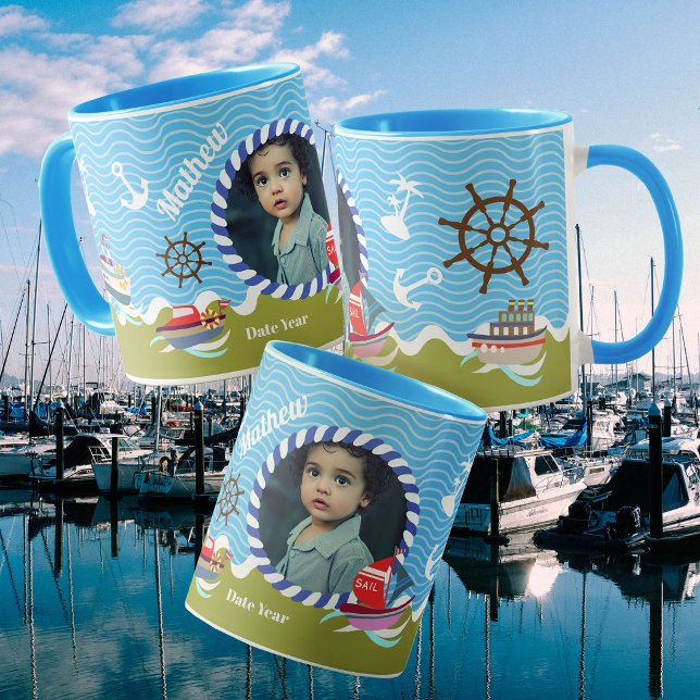 Roliga båtar Foto Grön Blå Mugg (Boys Birthday Mug
Fun Boats Photo Green Blue Mug)
