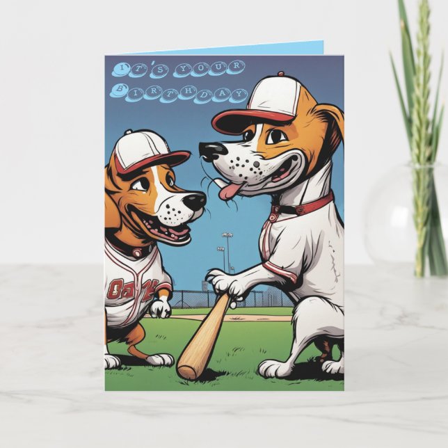 Roliga Beagle-hundar spelar baseboll födelsedag Kort (Framsida)