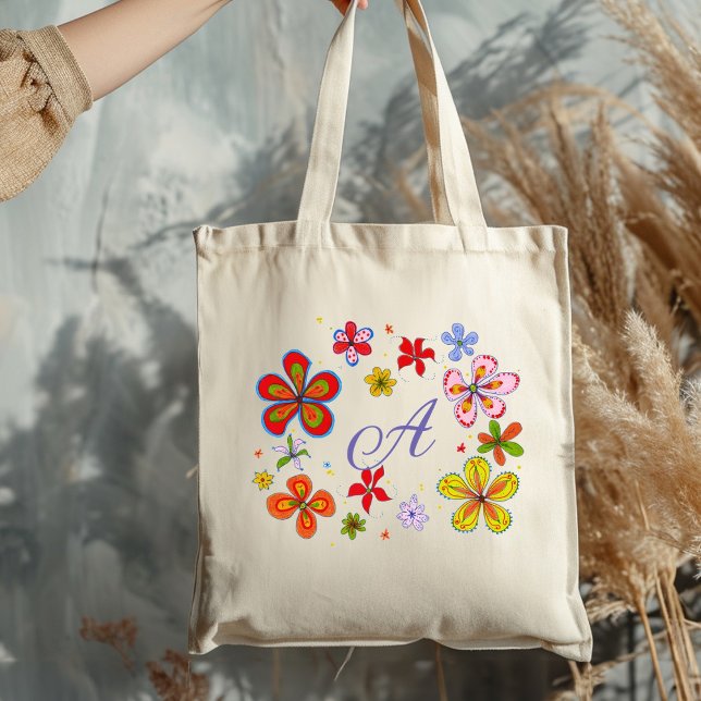 Roliga blommor Illustrerad monogram initial Tygkasse (Skapare uppladdad)