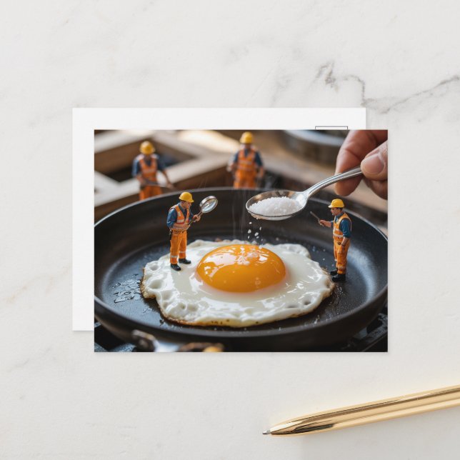 Roliga byggnadsarbetare som fixar ägg vykort (Fram/Back In Situ)