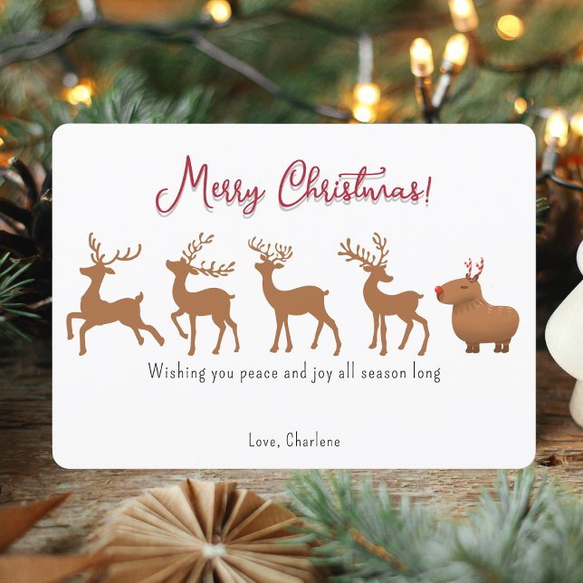 Roliga Capybara-renar julkort (This cute and funny capybara Christmas card is guaranteed to make you jolly.)