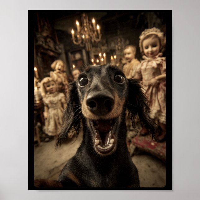 Roliga Dachshund Selfie Dockor Skräck Halloween Poster (Framsidan)