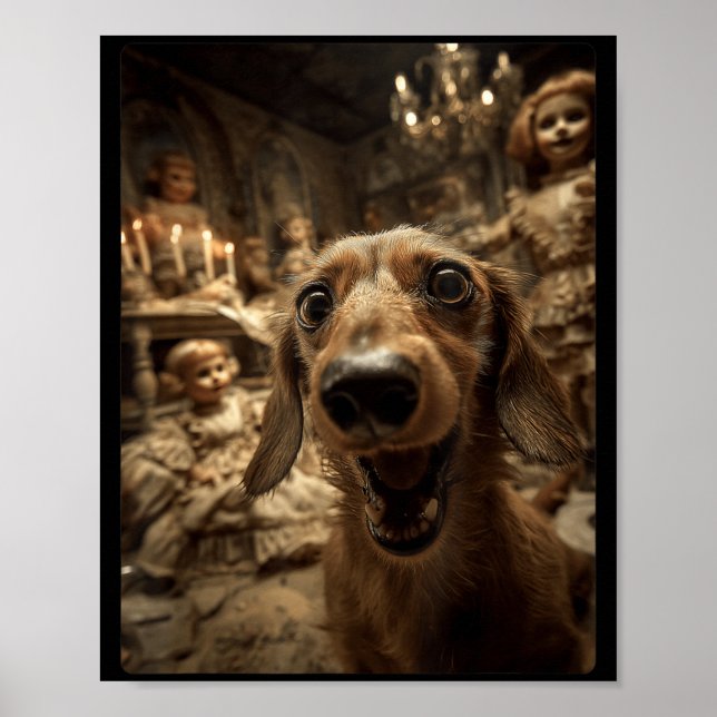 Roliga Dachshund Selfie Dockor Skräck Halloween Poster (Framsidan)