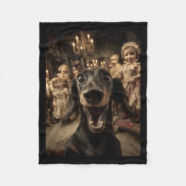 Roliga Dachshund Selfie Y Dockor Skräck Halloween Fleecefilt (Framsidan)