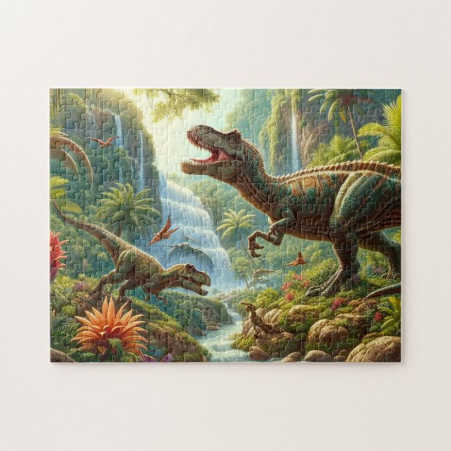 Roliga dinosaurier i tropisk skog  Barn Pussel (Horisontell)