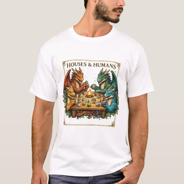Roliga Drakhus och Människor Fantasykonst T Shirt (Framsida)