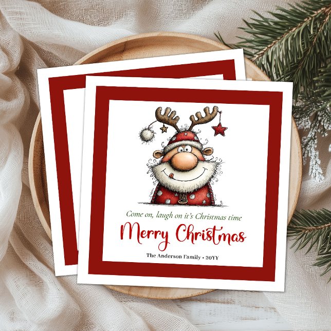 Roliga Excentriska Tomte Tecknad Jul Duknappar Pappersservett (Funny Quirky Santa Cartoon Christmas Table Napkins)