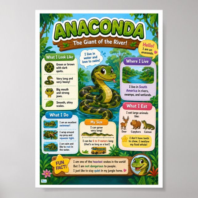 Roliga Fakta Om Anakonda För Barn Poster (Framsidan)