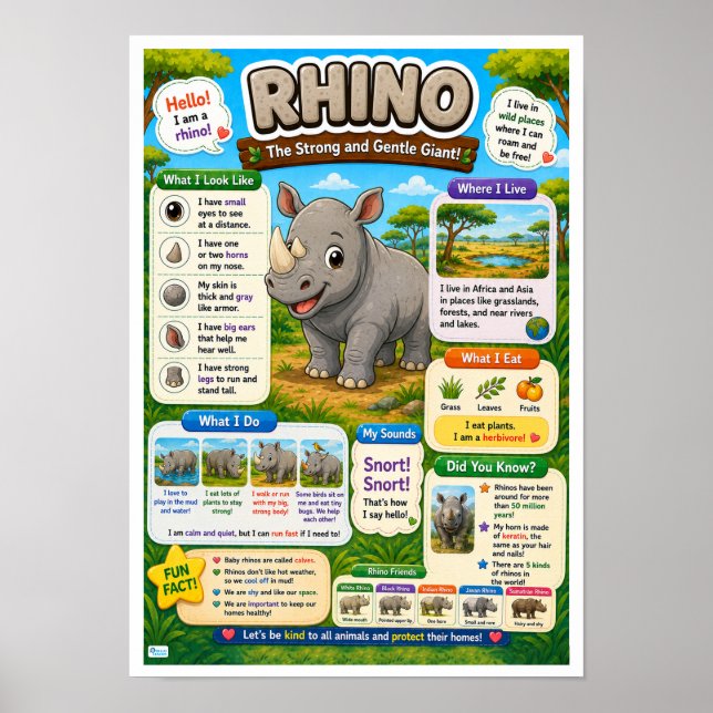 Roliga Fakta Om Noshörning För Barn Poster (Framsidan)