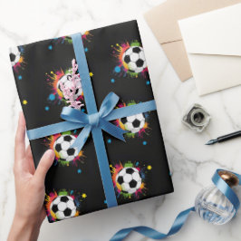 Roliga Färgglada Fotbollar Sportmönster På Svart Presentpapper