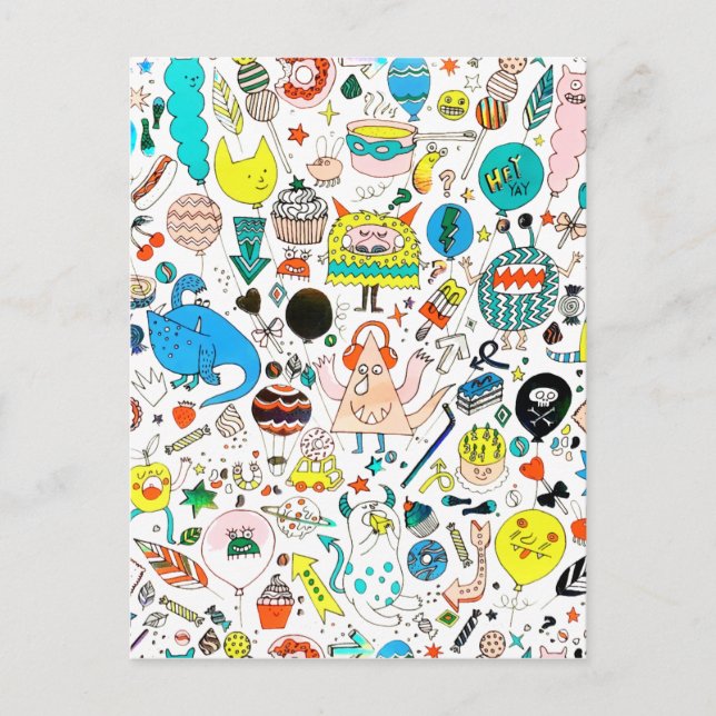 Roliga färgglada utomjordingar monster fest  vykort (Framsida)