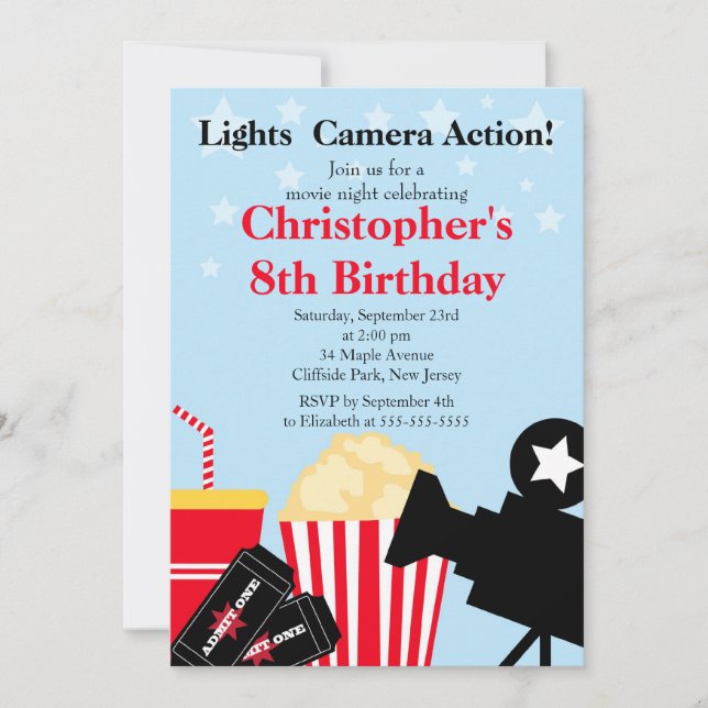 Roliga filmnattfödelsedagsfest inbjudan (Framsida)