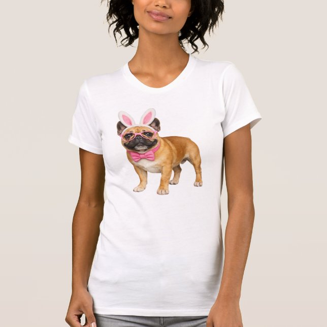 Roliga franska Bulldog påskharen öron rosa glasögo T Shirt (Framsida)