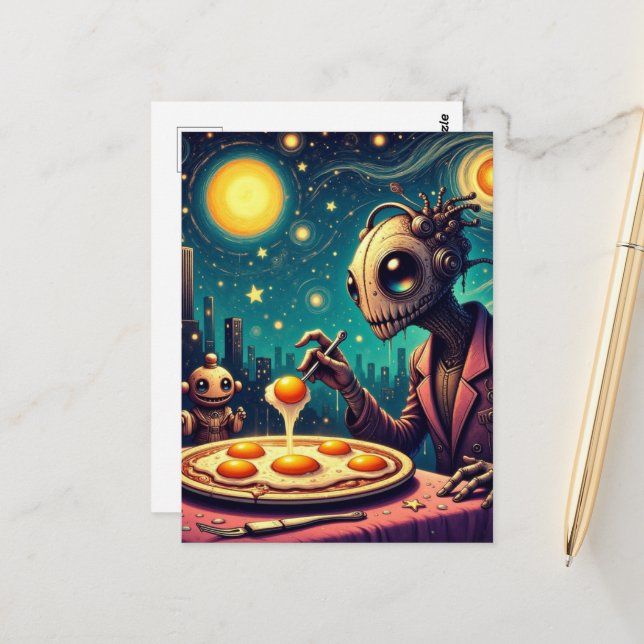 Roliga Funky Robotar som äter Stekta Ägg Vykort (Fram/Back In Situ)