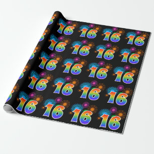 Roliga fyrverkerier + Regnbågemönster "16" Presentpapper