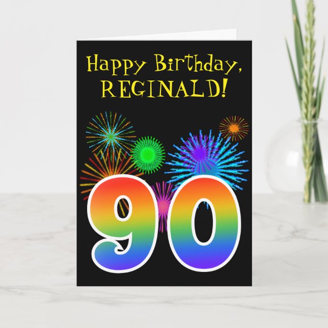 Roliga fyrverkerier + Regnbågemönster "90" Kort (Framsida)