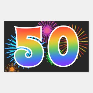 Roliga fyrverkerier + regnbågsmönster "50" evenema rektangulärt klistermärke