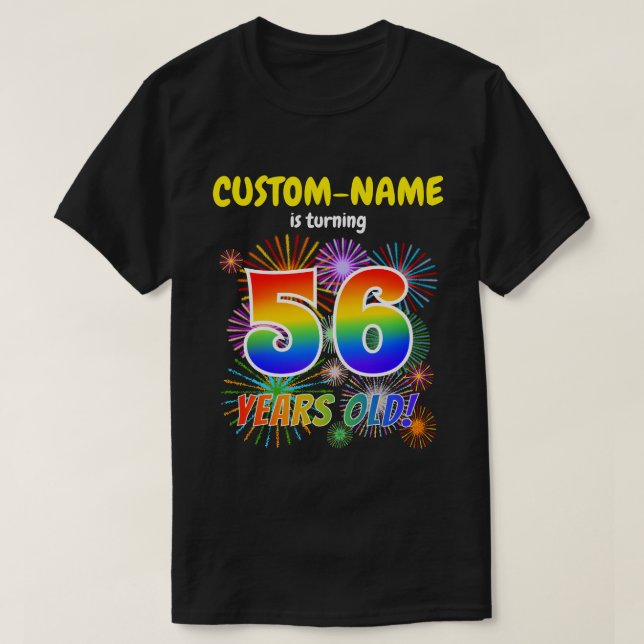 Roliga fyrverkerier, regnbågsutseende "56", 56-års t shirt (Design framsida)