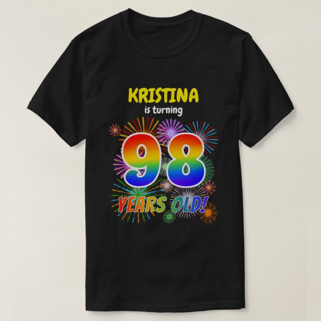 Roliga fyrverkerier, regnbågsutseende "98", 98-års t shirt (Design framsida)