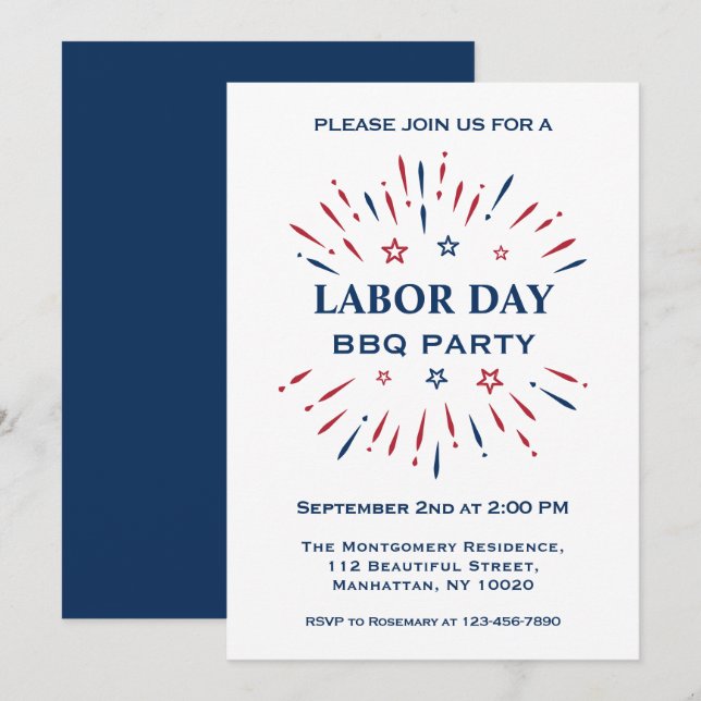 Roliga fyrverkerier Röd Vit Blå Labor Day Grillfes Inbjudningar (Fram/baksida)