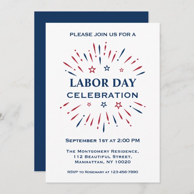 Roliga fyrverkerier Röda Vita Blå Arbeetsdagfirand Inbjudningar (Fram/baksida)