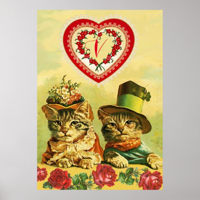 ROliga gammaldags Alla hjärtans dag KATTER,Hjärten Poster (Framsidan)