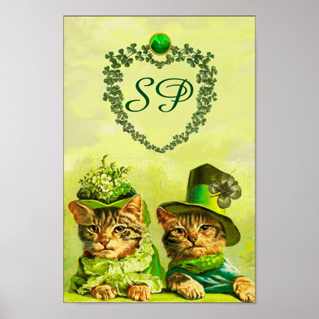 ROliga gammaldags ST.PATRICKs KATTER, HJÄRTA MONOG Poster (Framsidan)