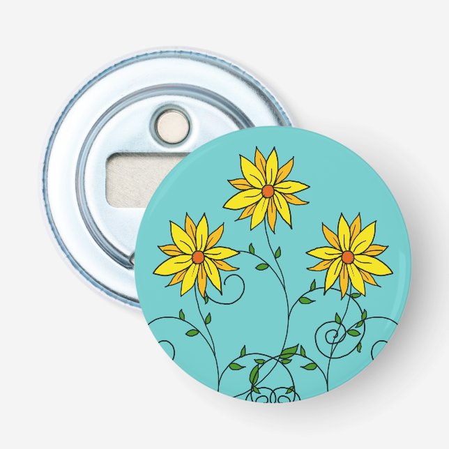Roliga glada gula blommor Doodle Art Flasköppnare (Framsidan)