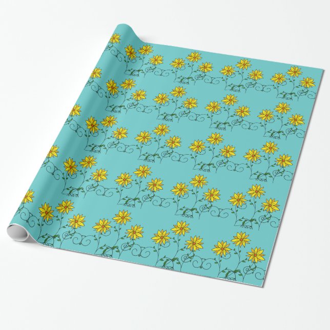 Roliga glada gula blommor Doodle Art Presentpapper (Utrullad)