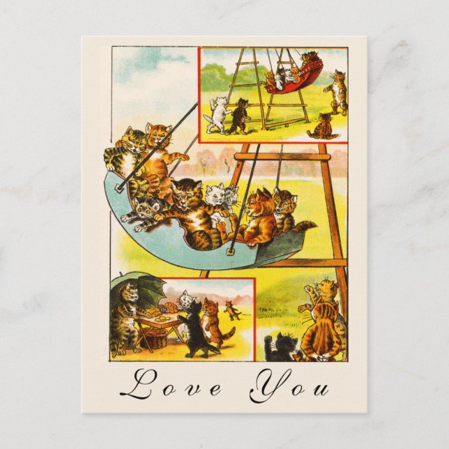 Roliga Glada Retro Katter Kattungar Leker Älskar D Vykort (Framsida)