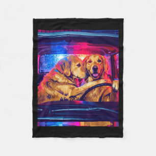 Roliga golden retriever hundar kör bil retro pop fleecefilt
