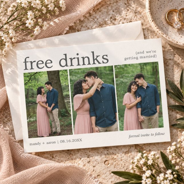 Roliga Gratis Drycker Tre Foto Bröllop Spara Datumet (Funny Free Drinks Three Photo Wedding Save The Date)