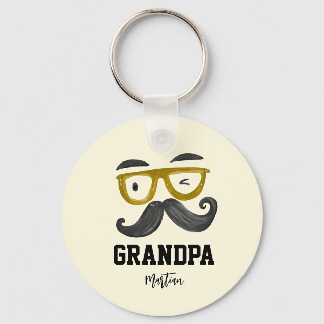 Roliga gula glasögon och mustasch Anpassad farfar  Nyckelring (Framsida)
