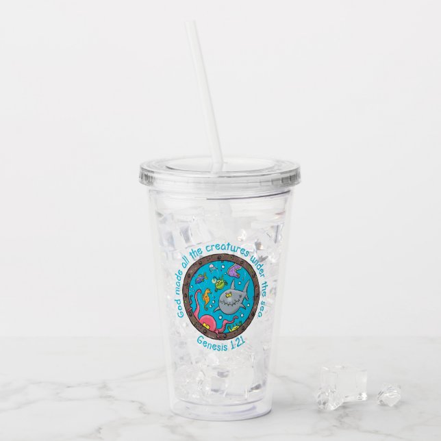 Roliga havsdjur tecknad bibelvers för barn take away mugg (Framsida Ice)