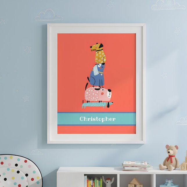 Roliga hundar med namn för barn poster (funny dogs kidsroom poster)
