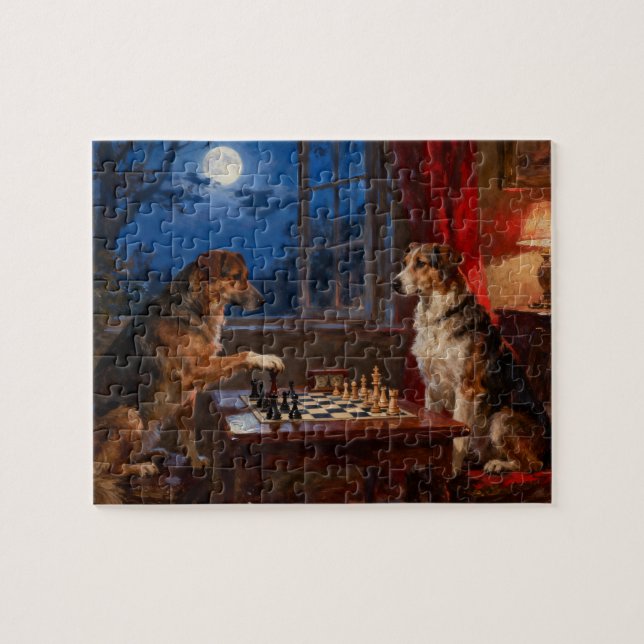 Roliga hundar som spelar schack Hundälskare presen Pussel (Horisontell)