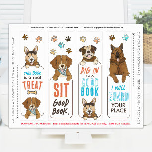 Roliga hundpunns bokmärken utskrivbart blad poster