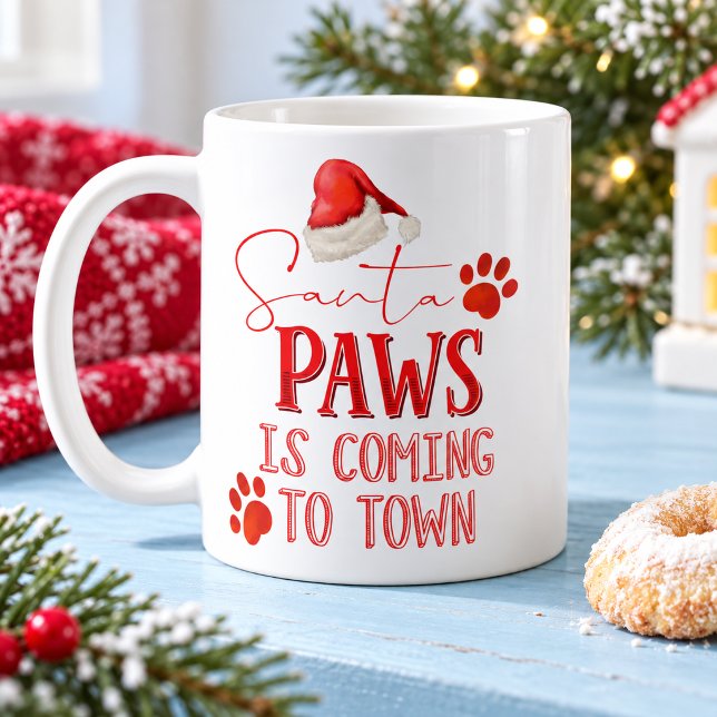 Roliga husdjursavtryck Santa Paws julpresent Kaffemugg (Santa Paws white Christmas mug with red holiday typography.)