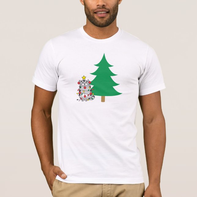 Roliga jul katt träd julbelysning t shirt (Framsida)