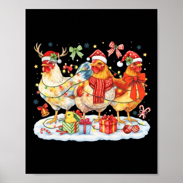 Roliga julbelysningar Kyckling Santa Hattar Renar Poster (Framsidan)