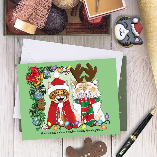 Roliga julkatten Helgfoto syskon Grön Kort (Skapare uppladdad)