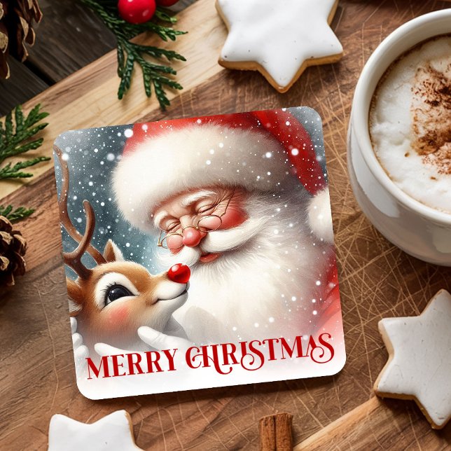 Roliga julpapper underlägg Santa och Rudolph Papper Kvadrat (Funny Holiday Paper Coasters Santa and Rudolph)