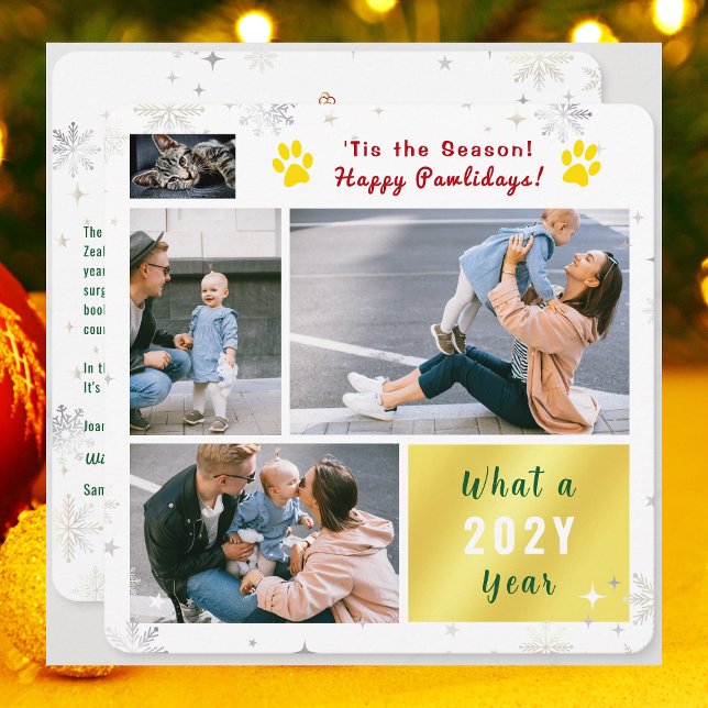 Roliga Katt Glada Pawskafton Bilder Julbrev Julkort (Funny Cat Dog Photo Happy Pawlidays with 4 Photos Total. Elegant Cute Snowflakes. What a year letter)