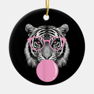 Roliga Kvinnors Tiger Glasögon & Rosa Bubble Gum A Julgransprydnad Keramik