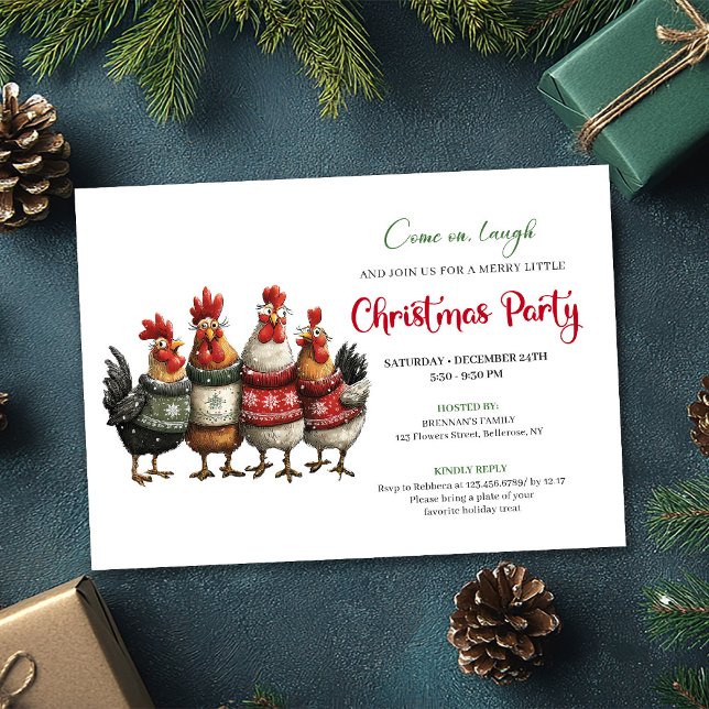 Roliga Kycklingar Holiday-fest Editable Inbjudan (Funny Chickens Holiday Party Editable Invitation)