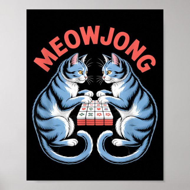 Roliga Meowjong Katter som Spelar Mahjong-brickor  Poster (Framsidan)
