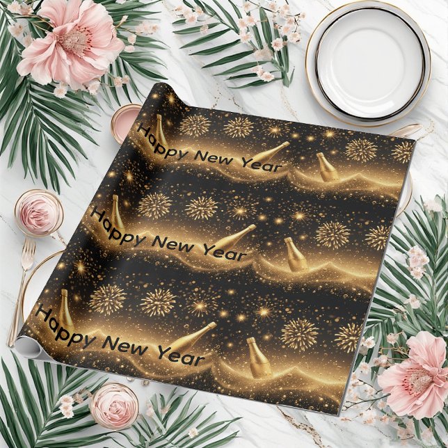 Roliga Midnatt Guldljusstorlek Champagne Drömmar G Presentpapper (Fun Midnight Gold Champagne Dreams Happy New Year Wrapping Paper)