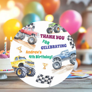 Roliga monstertruckfödelsedagsfest runt klistermärke