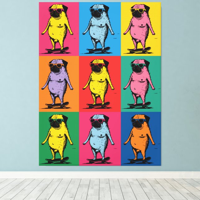 Roliga Mopsar på Skateboard Pop Art Rutnät Canvastryck (Insitu (trägolv))