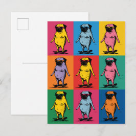 Roliga Mopsar på Skateboard Pop Art Rutnät Vykort